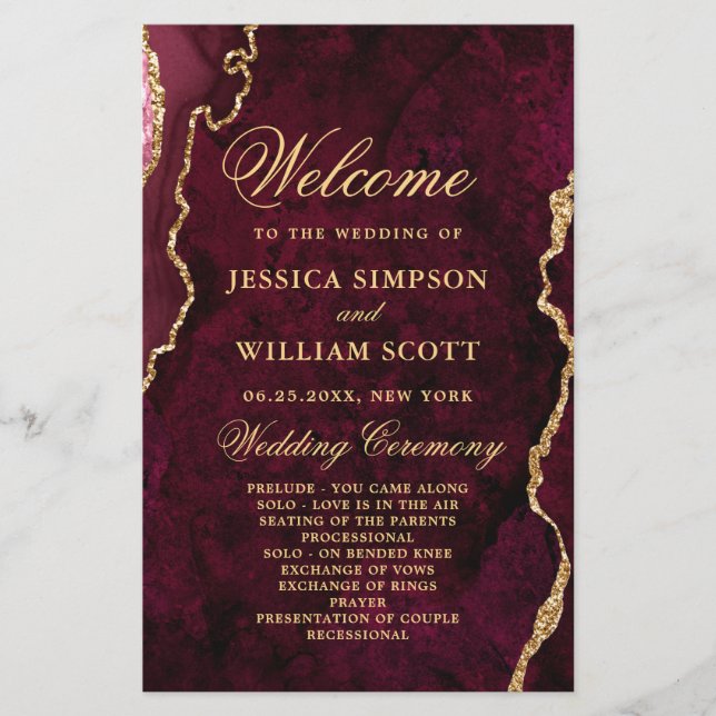 Burgundy Golden Marble Wedding Ceremony Program (Front)