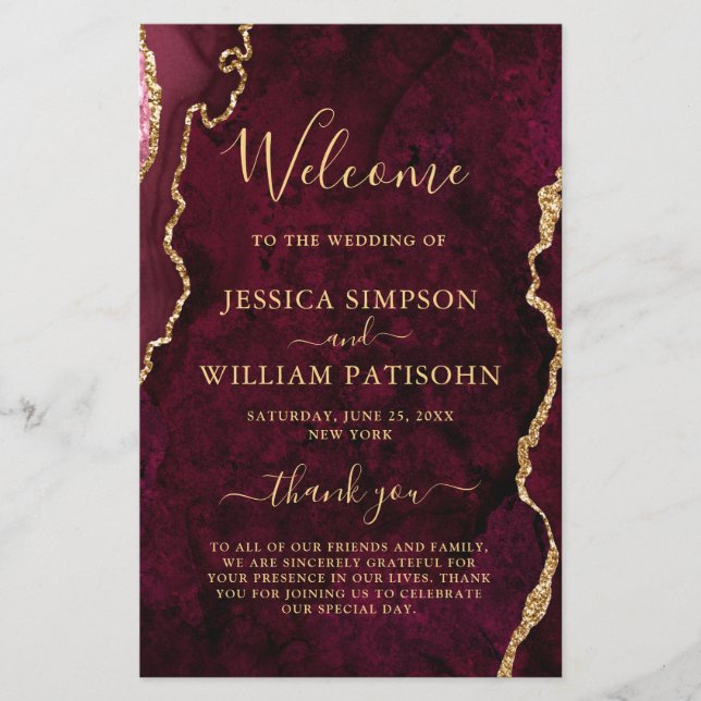 Burgundy Golden Marble Wedding Ceremony Program (Front)