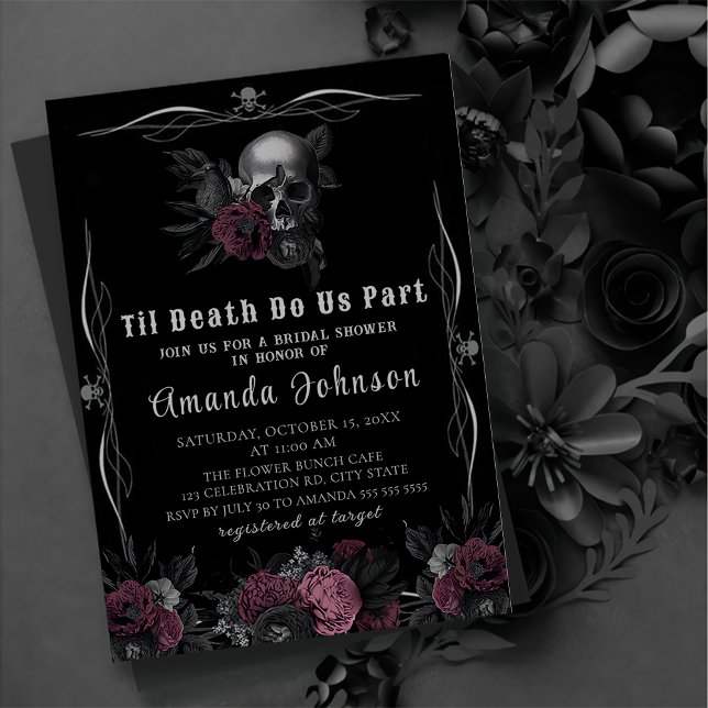 Burgundy Gothic Dark Floral Skull Bridal Shower  Invitation (Creator Uploaded)