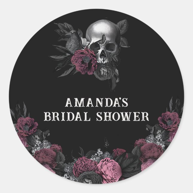 Burgundy gothic Floral Skull Bridal Shower Favour  Classic Round Sticker (Front)
