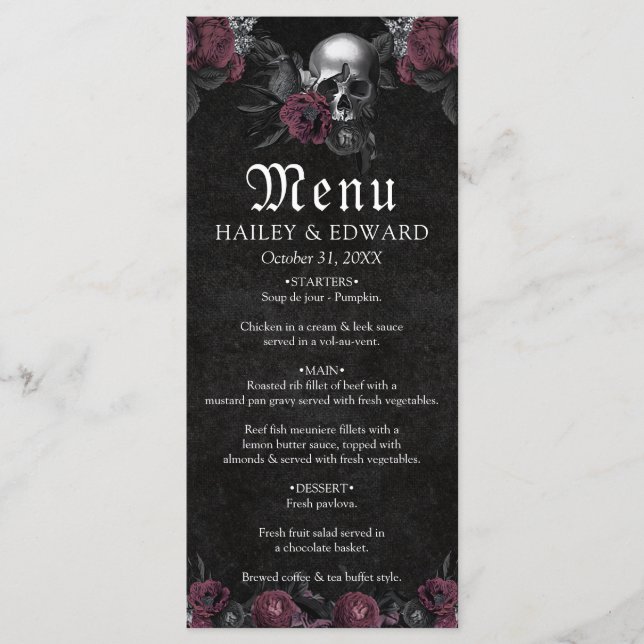 Burgundy Gothic  Floral Skull Halloween  Wedding Menu (Front)