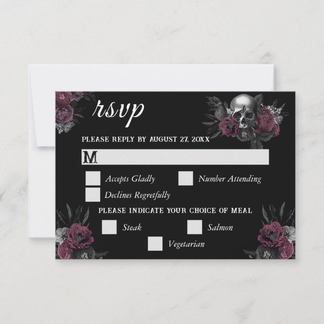 Burgundy Gothic Floral Skull Wedding RSVP Card (Front)