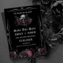 Burgundy Gothic Floral Skull wedding Save The Date