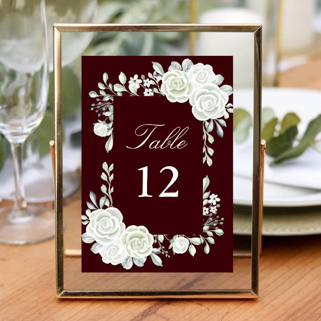 Burgundy Gothic White Roses Wedding Table Numbers (Creator Uploaded)