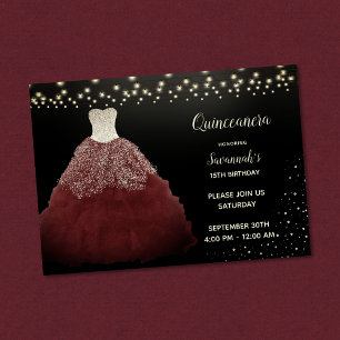 Burgundy Gown with String Lights Quinceanera Invitation