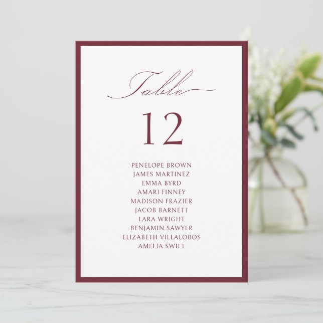 Burgundy Graceful Script Table Seating Chart Invitation (Standing Front)