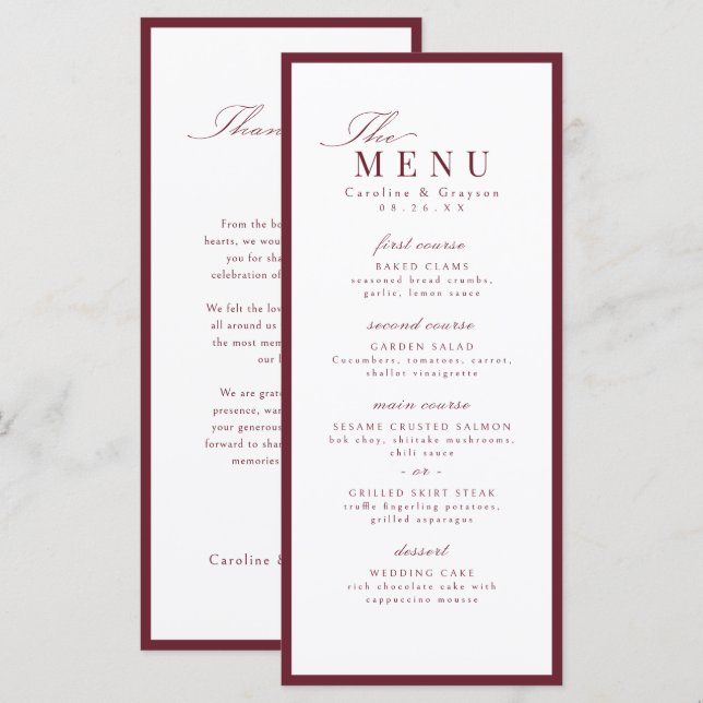 Burgundy Graceful Script Typography Wedding Menu (Front/Back)