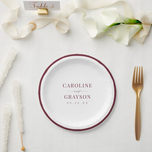 Burgundy Graceful Script Typography Wedding  Paper Plate (Wedding)