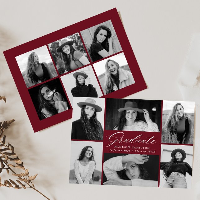 Burgundy Graduate 12 Photo Collage Graduation Announcement (Creator Uploaded)
