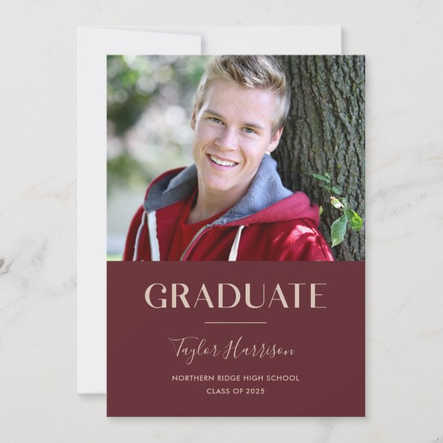 Burgundy Graduate Photo Card with Graduation Party (Front)