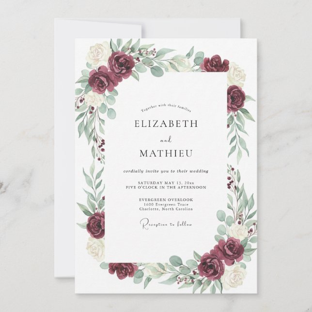 Burgundy Grand Botanical Wedding Invitation (Front)
