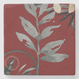 Burgundy & Gray Artistic Watercolor Leaves Stone Coaster
