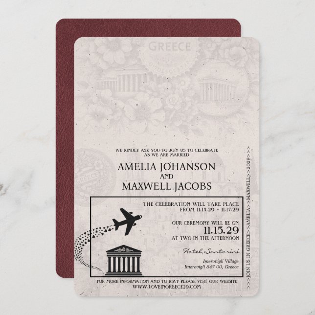 Burgundy Greece Passport Wedding Invitation (Front/Back)