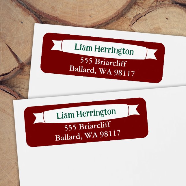 Burgundy & Green Address Label with Banner (green and burgundy red return address labels for invitations and announcements)