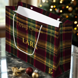 Burgundy, Green, and Gold Traditional Plaid Custom Large Gift Bag