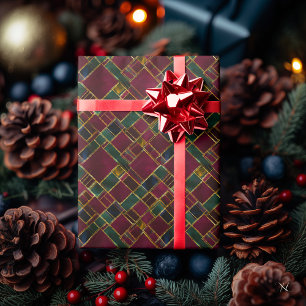 Burgundy, Green, and Yellow Geometric Plaid Check Wrapping Paper