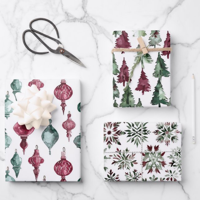 Burgundy Green Christmas Ornaments Trees Snowflake Wrapping Paper Sheet (Front)