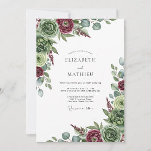 Burgundy Green Floral Romance Wedding Invitation