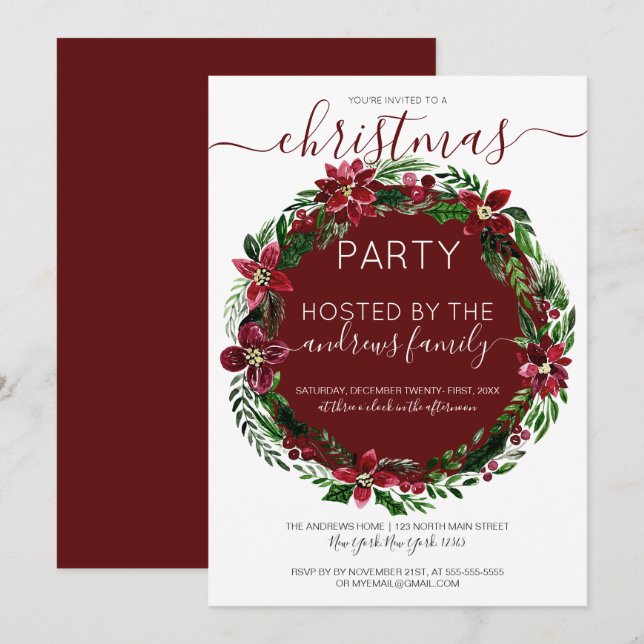 Burgundy Green Floral Wreath Watercolor Christmas Invitation (Front/Back)