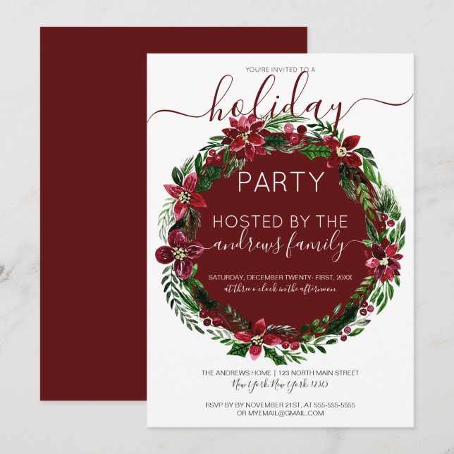 Burgundy Green Floral Wreath Watercolor Holiday Invitation (Front/Back)