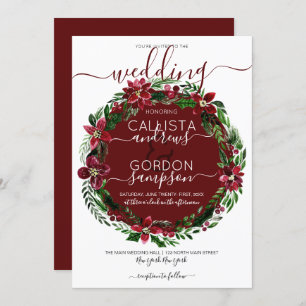 Burgundy Green Floral Wreath Watercolor Wedding Invitation