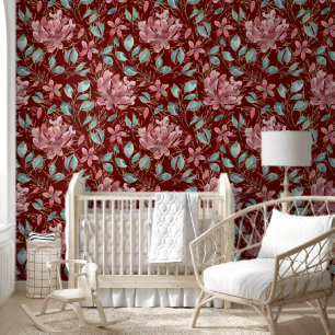 Burgundy Green Gold Floral Pattern Wallpaper