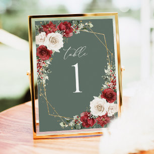 Burgundy Green Gold Winter Floral Table Numbers