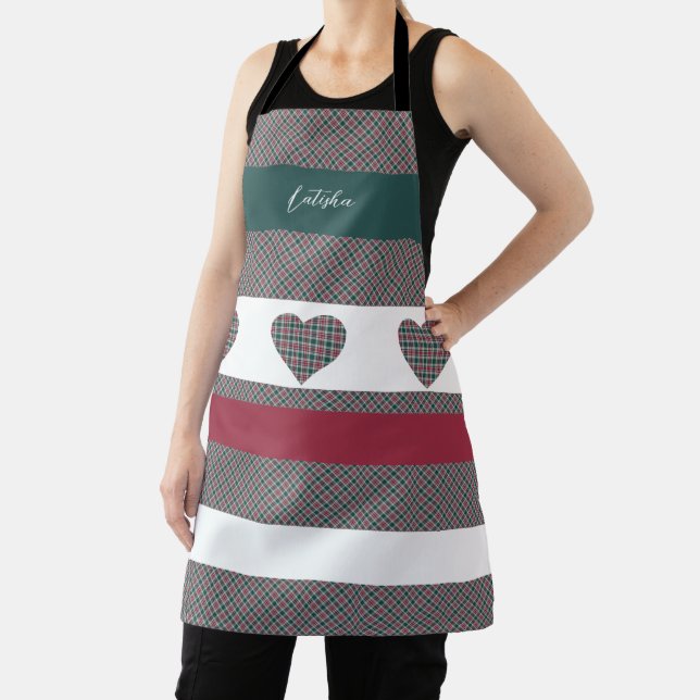 Burgundy Green Modern Tartan With Hearts Apron (Insitu)