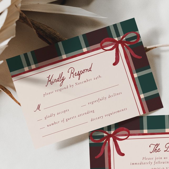 Burgundy Green Plaid Christmas Bow Wedding RSVP Card (Creator Uploaded)