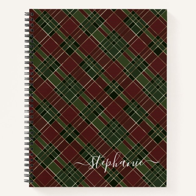 Burgundy Green Plaid Christmas Holiday Monogram Notebook (Front)