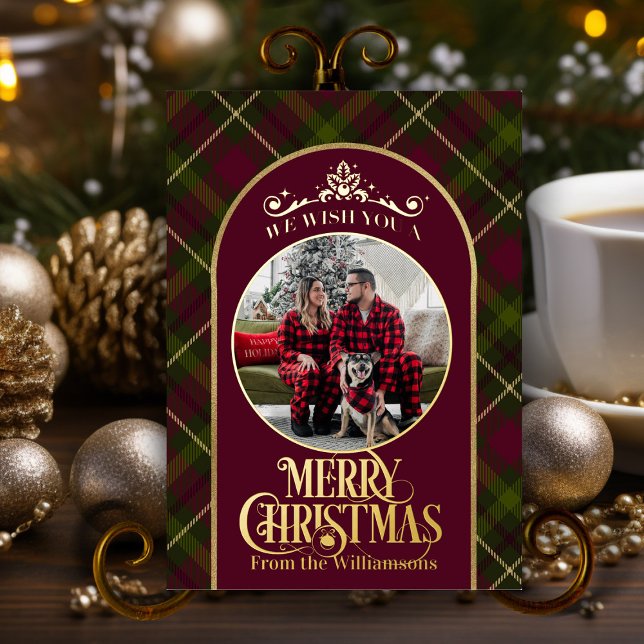 Burgundy & Green Plaid With Name & Photo Christmas (elegant classic Christmas card burgundy, green and gold personalized with family name and photo)