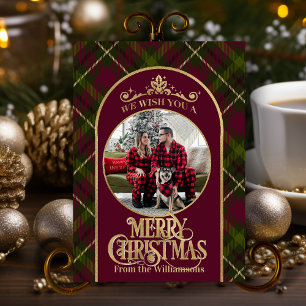 Burgundy & Green Plaid With Name & Photo Christmas Holiday Card