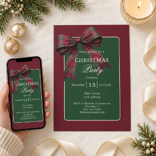 Burgundy Green Tartan Plaid Bow Christmas Party Invitation