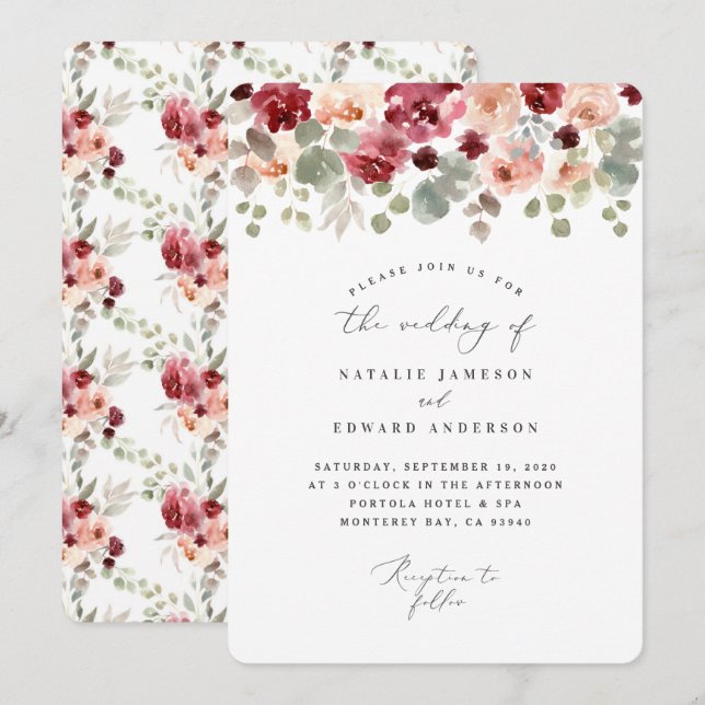 Burgundy green watercolor floral wedding invitation (Front/Back)