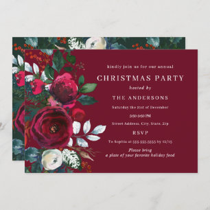 Burgundy Green Winter Foliage Christmas Party Invitation