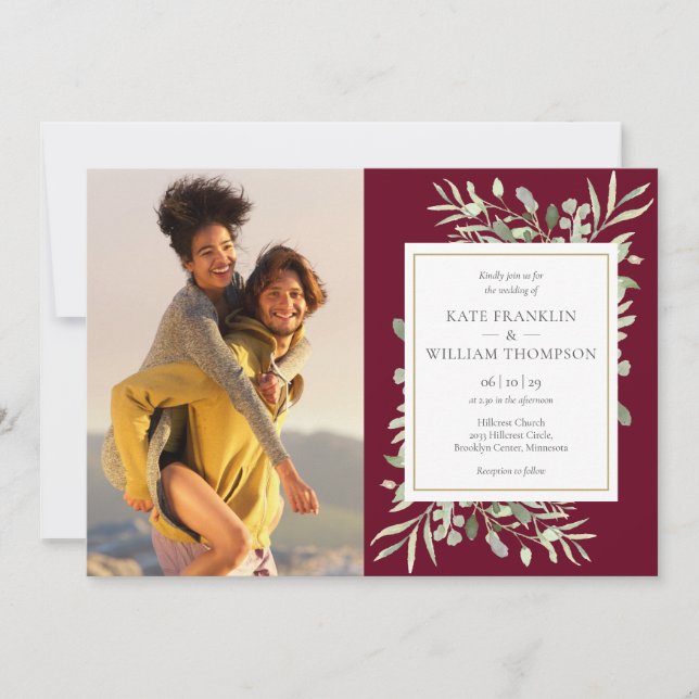 Burgundy Greenery All In One Photo Wedding Invitation (Front)