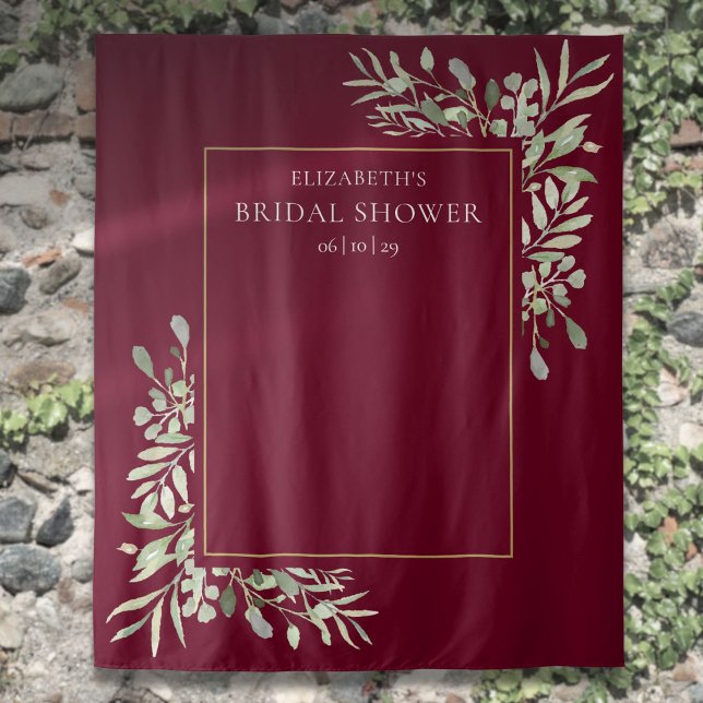 Burgundy Greenery Bridal Shower Photo Backdrop Tapestry (Burgundy Greenery Bridal Shower Photo Backdrop)