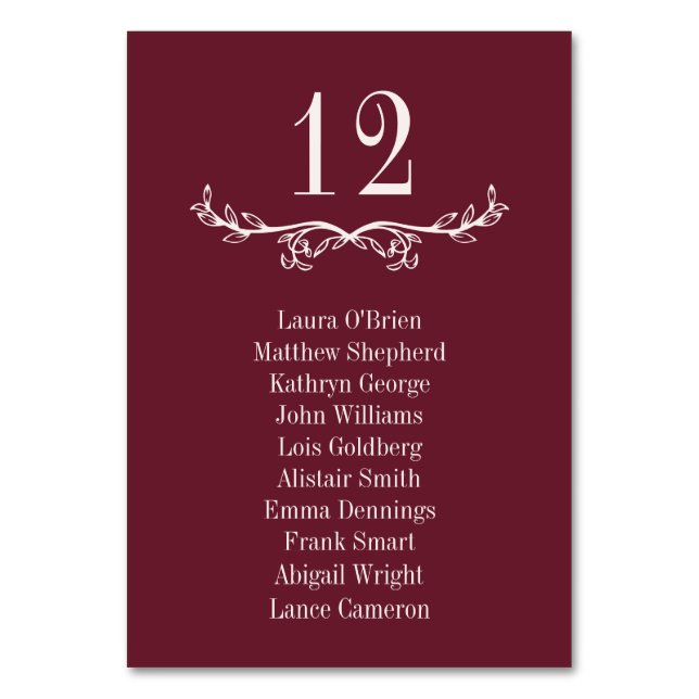 Burgundy Greenery Divider Seating Chart Wedding Table Number (Front)