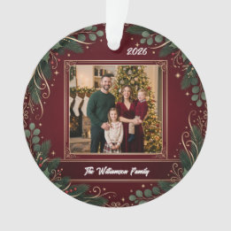 Burgundy Greenery Family Photo Christmas Acrylic Ornament