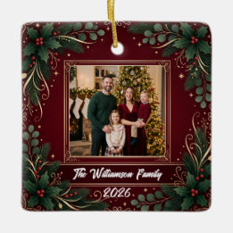 Burgundy Greenery Family Photo Christmas Ceramic Ornament