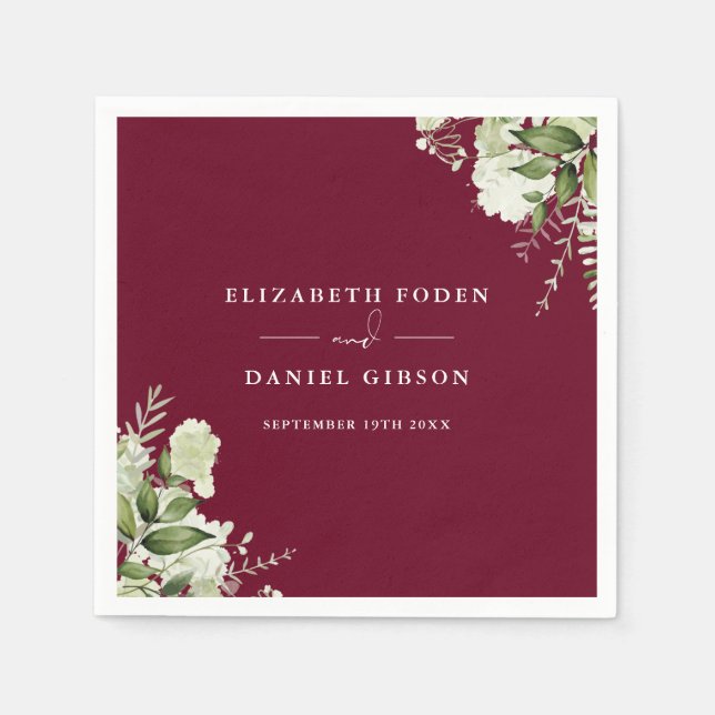 Burgundy Greenery Floral Elegant Names Date Napkin (Front)