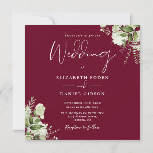 Burgundy Greenery Floral Monogram Square Wedding Invitation