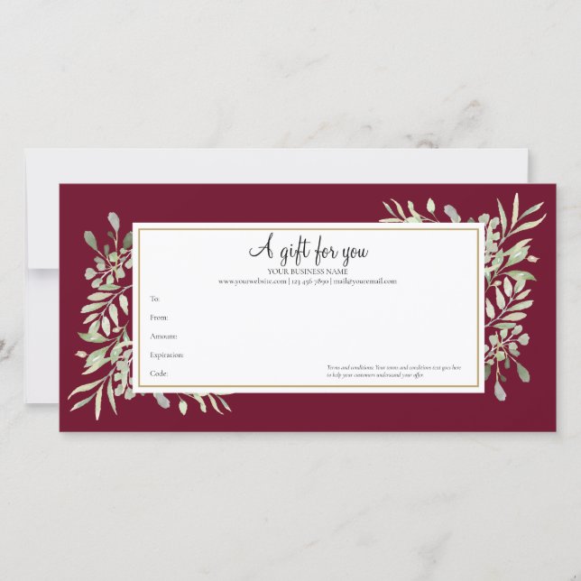 Burgundy Greenery Gold Business Gift Certificate (Front)