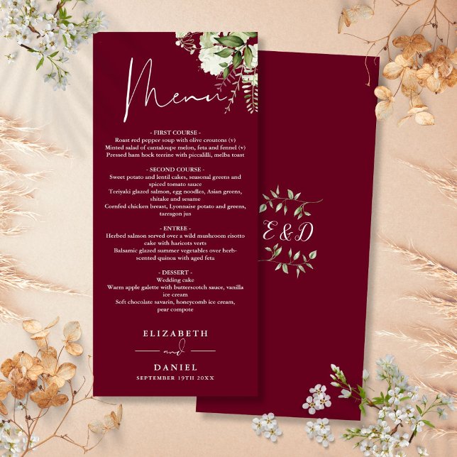 Burgundy Greenery Monogram Wedding Dinner Menu (Burgundy Greenery Monogram Wedding Dinner Menu)