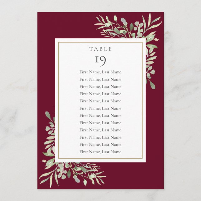 Burgundy Greenery Seating Chart Table Number (Front)