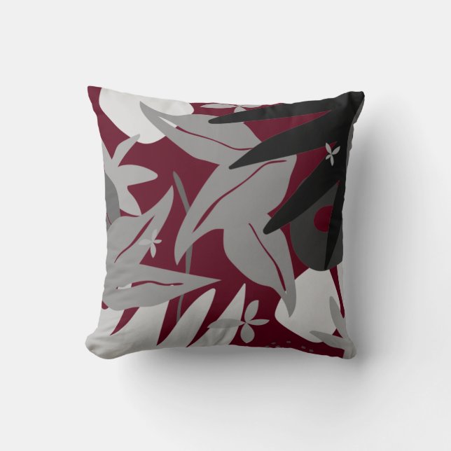 Burgundy & Grey Artistic Abstract Botanical Cushion (Front)