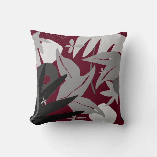 Burgundy & Grey Artistic Abstract Leaves Cushion (Front)