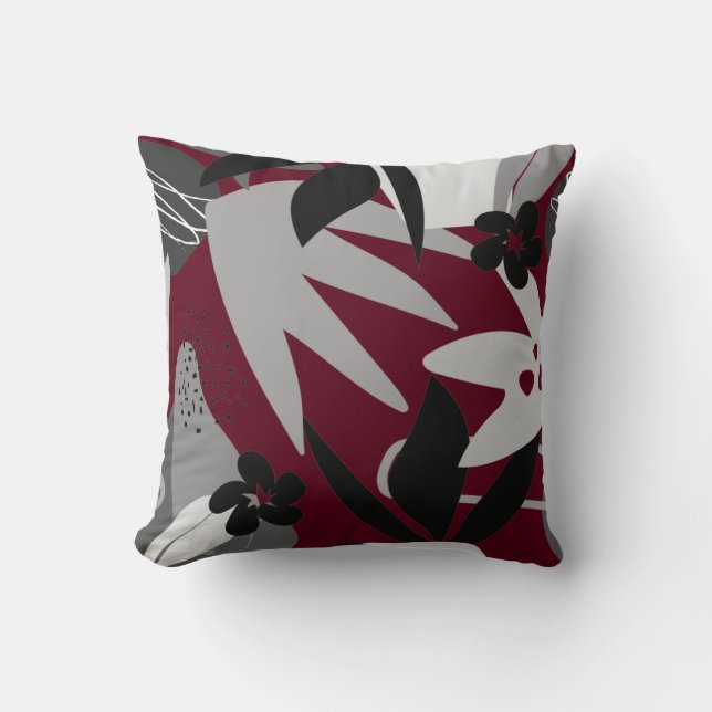 Burgundy & Grey Artistic Abstract Tropical Cushion (Front)