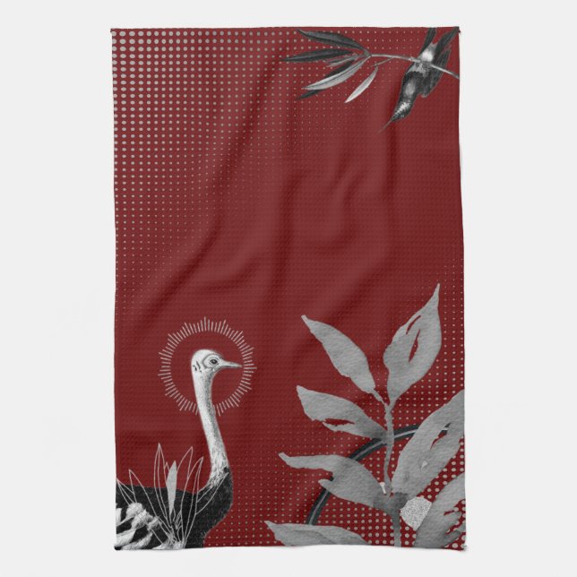 Burgundy & Grey Artistic Watercolor Leaves Ostrich Tea Towel (Vertical)