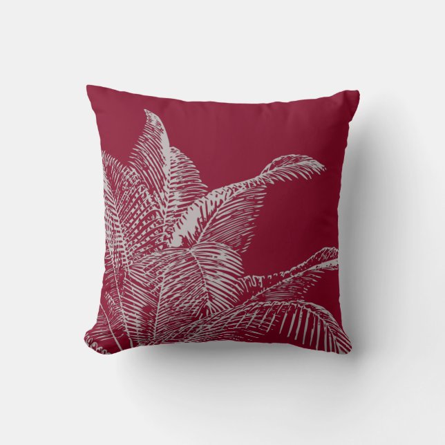 Burgundy & Grey Botanical | Elegant Tropical Palm Cushion (Front)